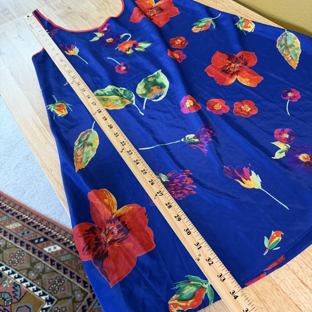 Vintage Floral Mini Slip Dress Size L Blue Scoop Neck Bold Print Nightie Chemise - Picture 8 of 9